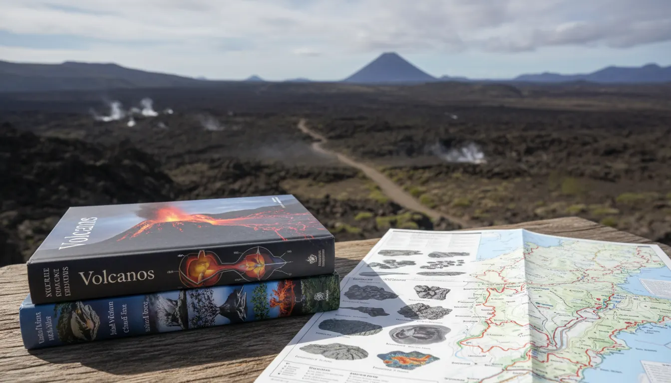 Stack of books about volcanoes alongside a volcanic landscape field guide open on a trail map