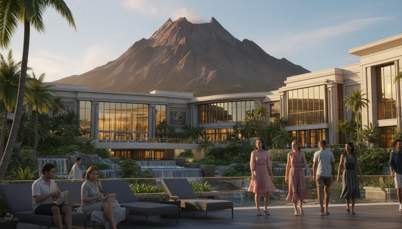 Casino resort exterior with volcanic mountain landscape visible in the background
