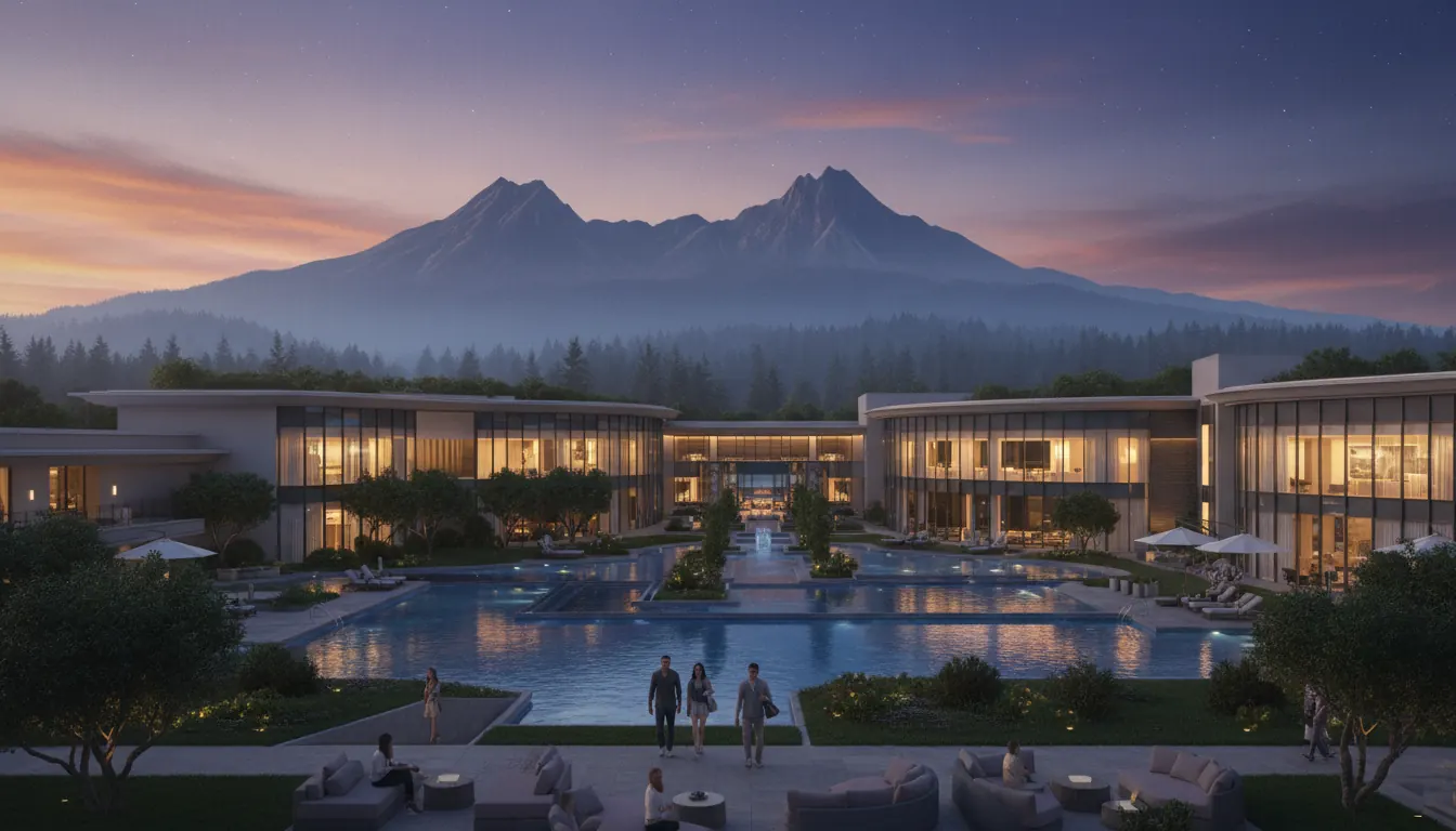 Casino resort exterior at dusk with forested volcanic mountain range visible against the evening sky in the background