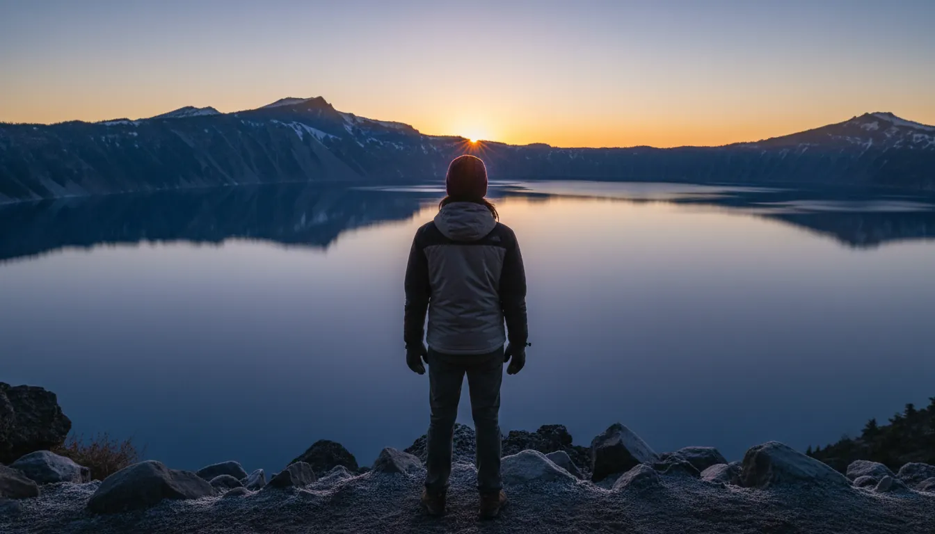 Crater Lake in Oregon at sunrise with deep blue water, snow-dusted caldera rim, and Wizard Island in the center