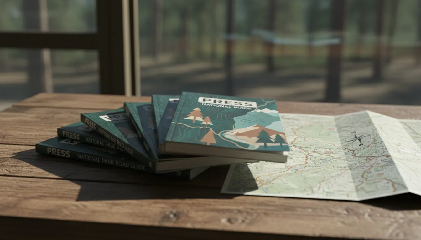 Stack of Double Decker Press national park road guide books on a wooden table with a hiking map nearby