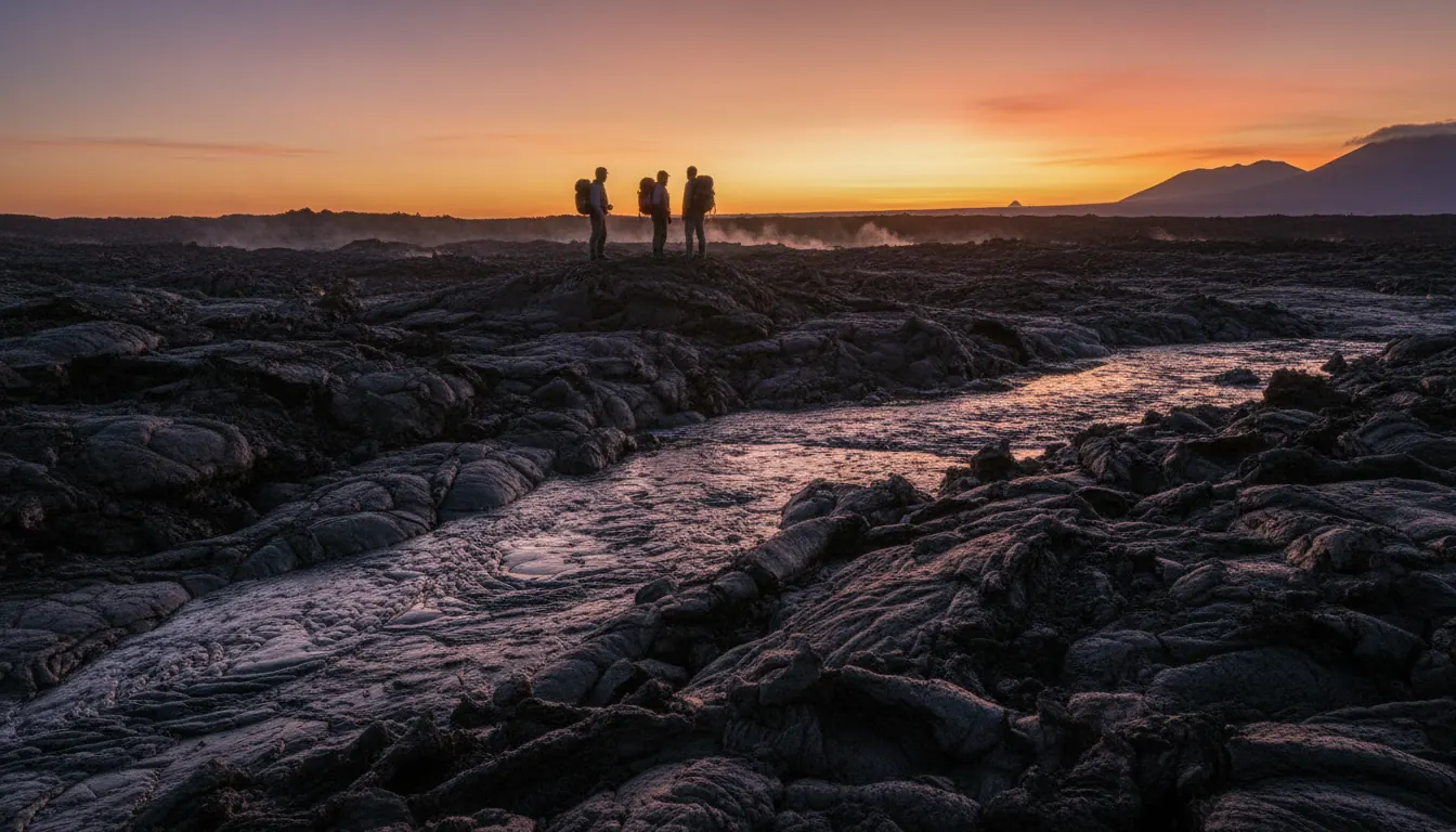 Expansive black lava field at dawn in Hawaii with orange sky reflected on cooling lava crust