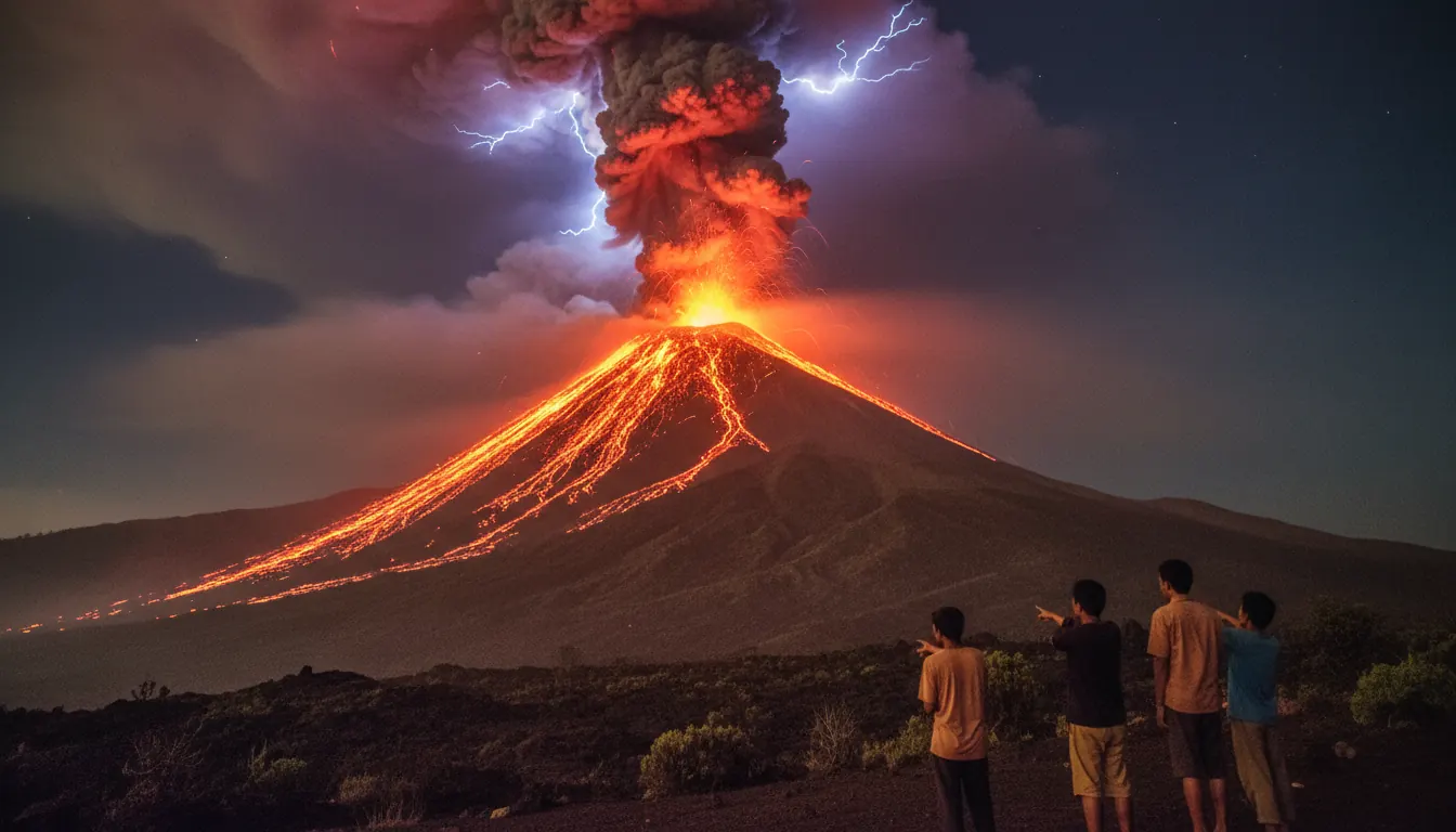 Active volcano erupting in Indonesia at night with glowing lava flowing down the slopes and ash cloud rising