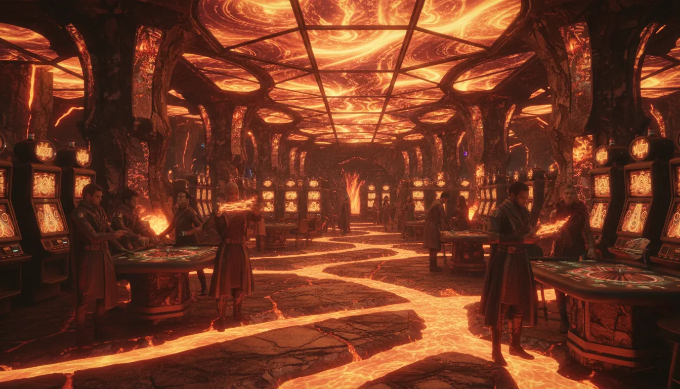Casino interior with volcanic lava-inspired lighting and fire-toned design elements