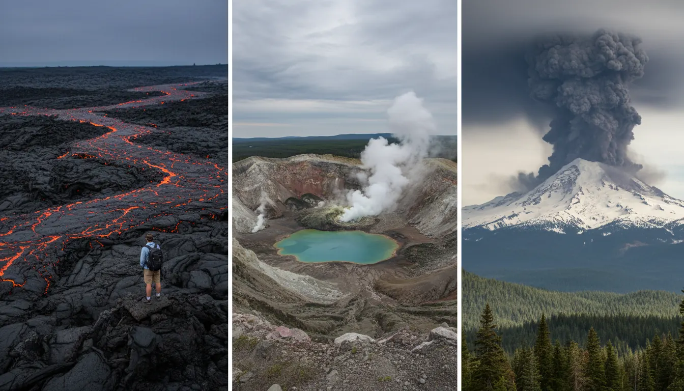 Curated selection of volcano photos showing lava fields, craters, and ash plumes across U.S. national parks