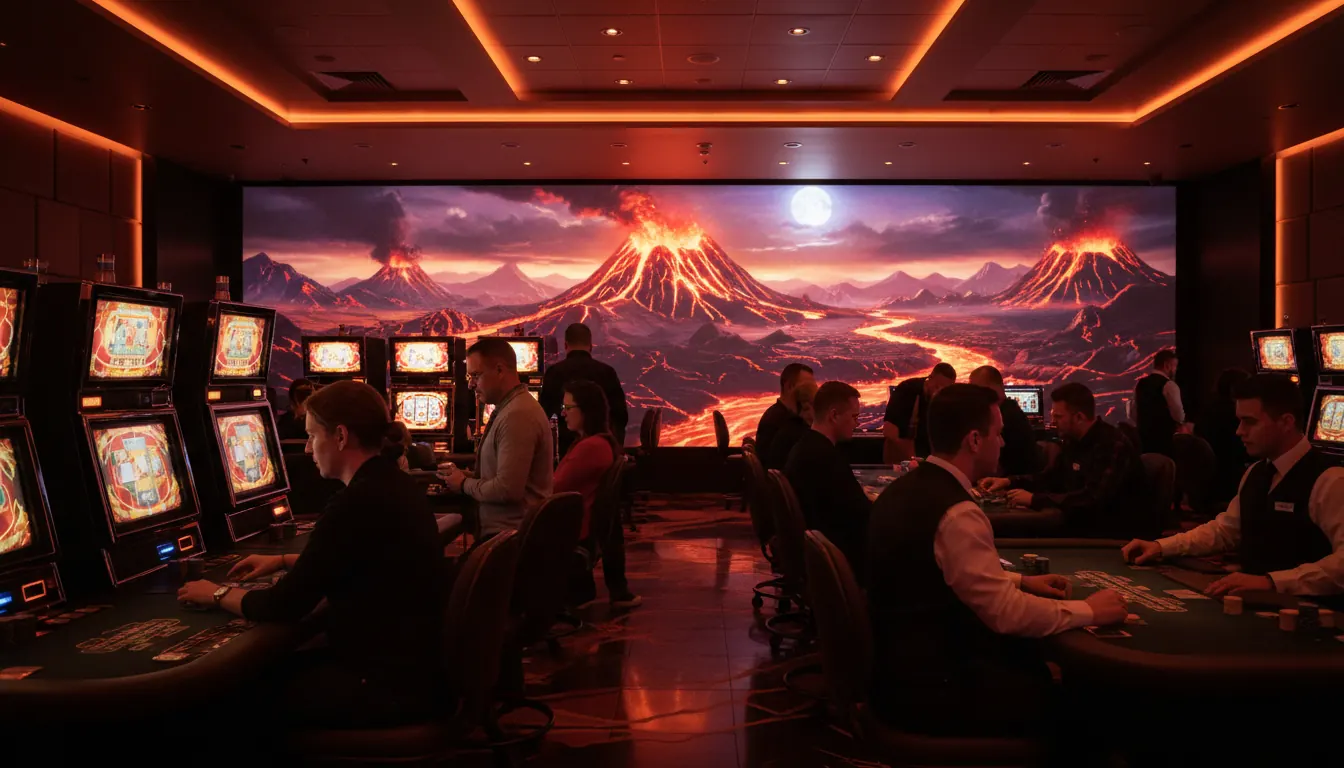Casino gaming floor with warm lava-toned ambient lighting and volcanic landscape projection on rear wall