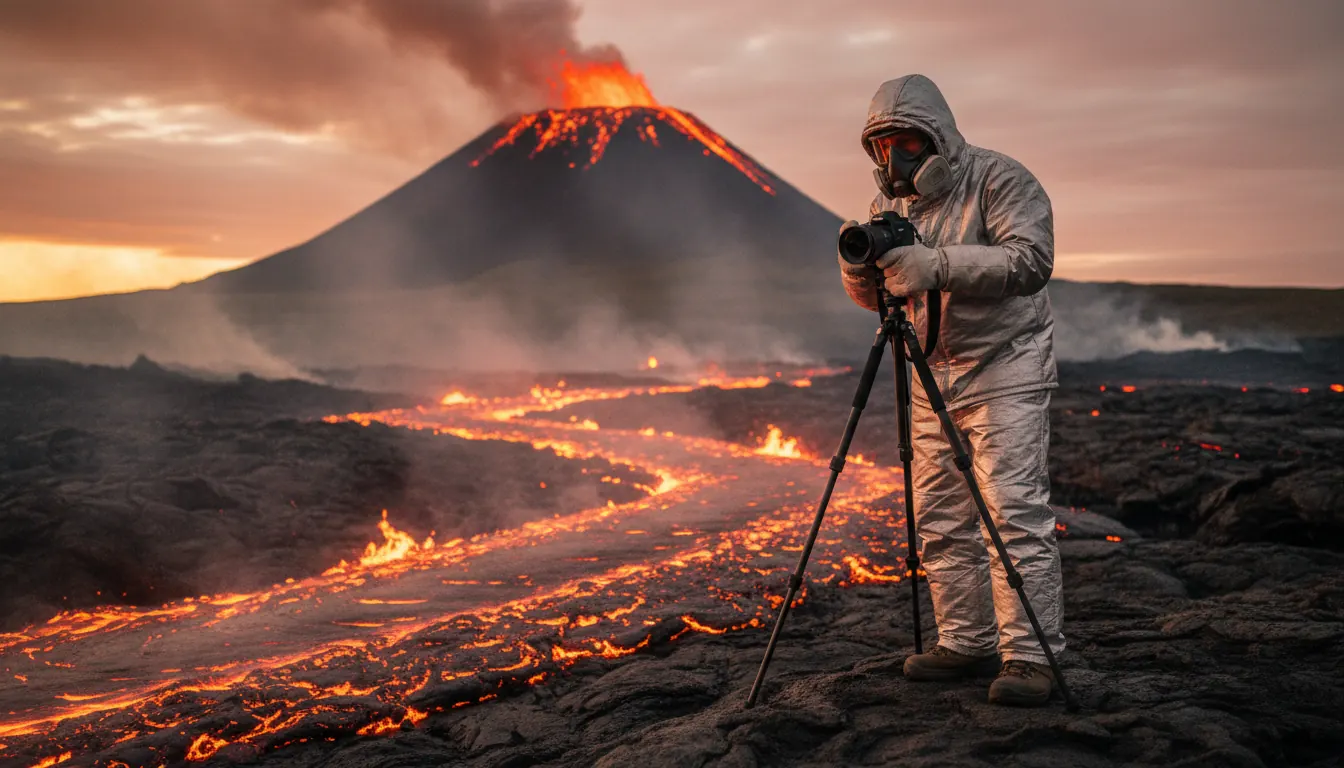 Volcano photographer with camera and protective gear positioned near active lava flow